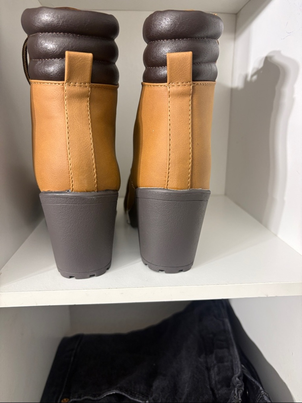Forever Tan Lace-Up Chunky Heel Ankle Boots with Dark Brown Collar - Picture 3 of 8